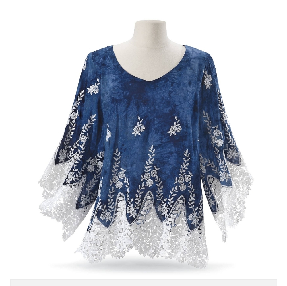 1X Plus Size The Pyramid Collection Blue Indigo Tie-Dye & Lace Tunic Shirt Top